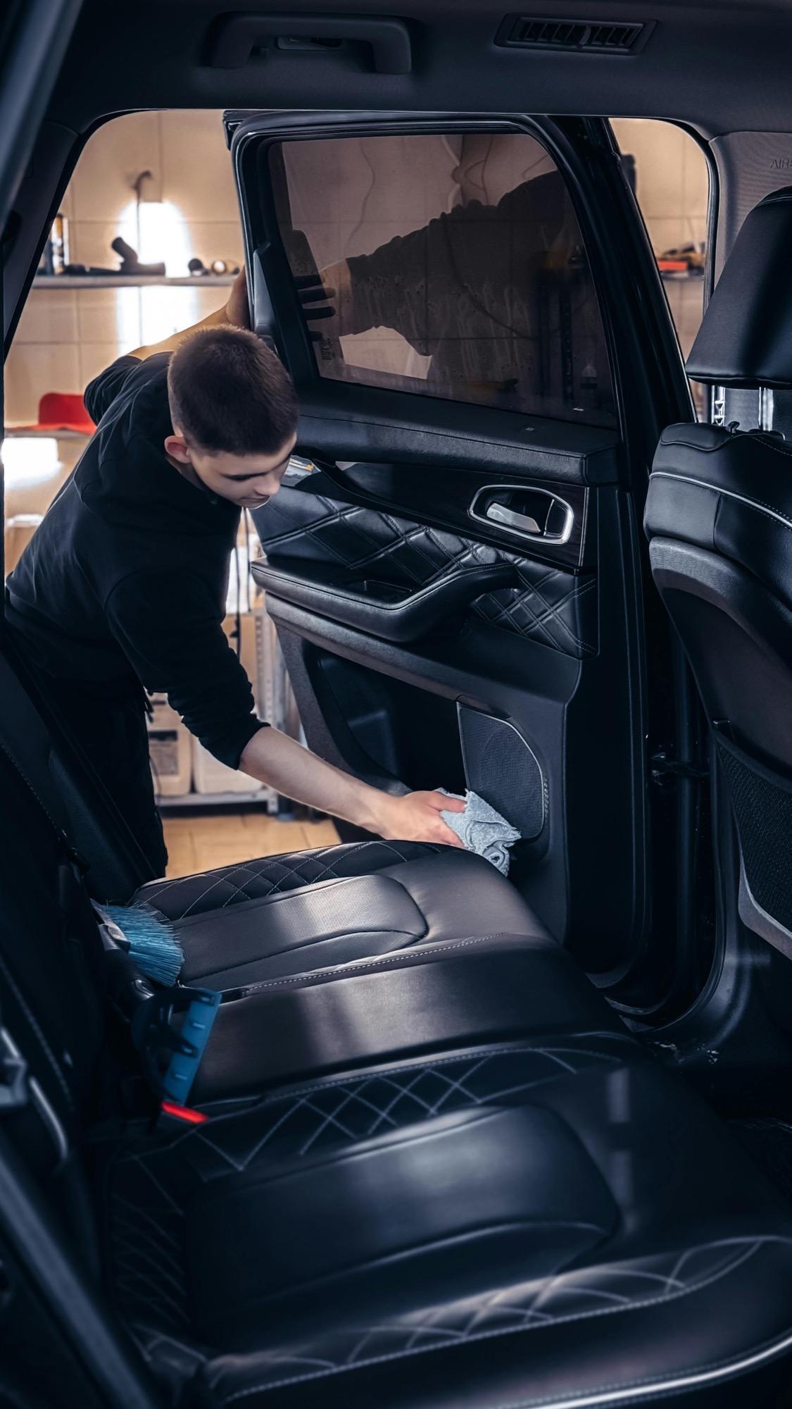 A Shine On with Prince detailer deep-cleaning a vehicle's leather interior